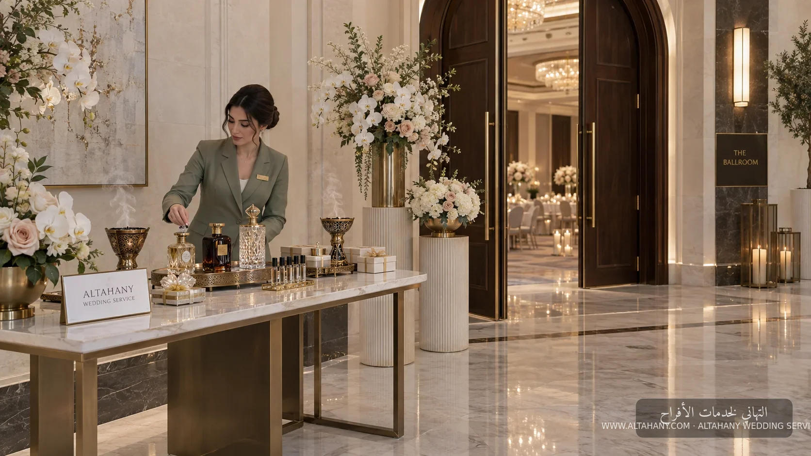طاولة عطور عند مدخل بقوس داكن