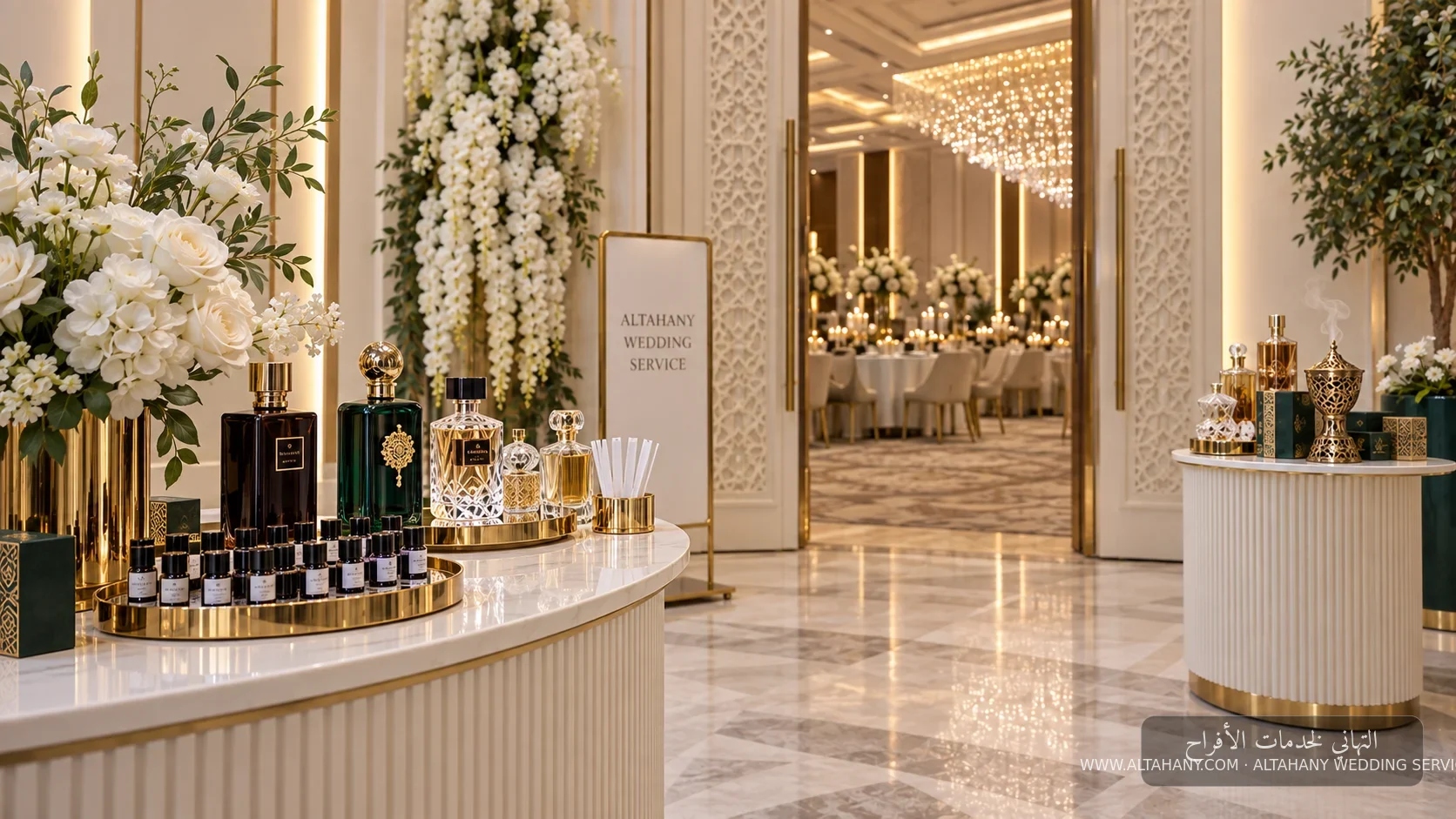 طاولة عطور عند مدخل هندسي