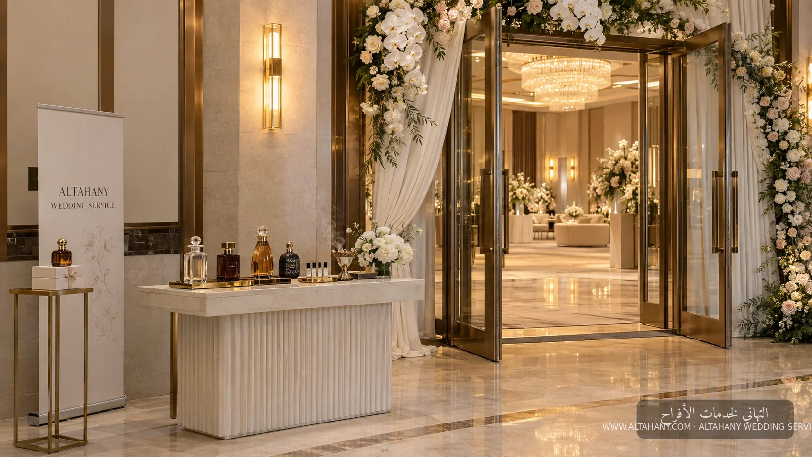 طاولة عطور عند مدخل زجاجي بتفاصيل ذهبية