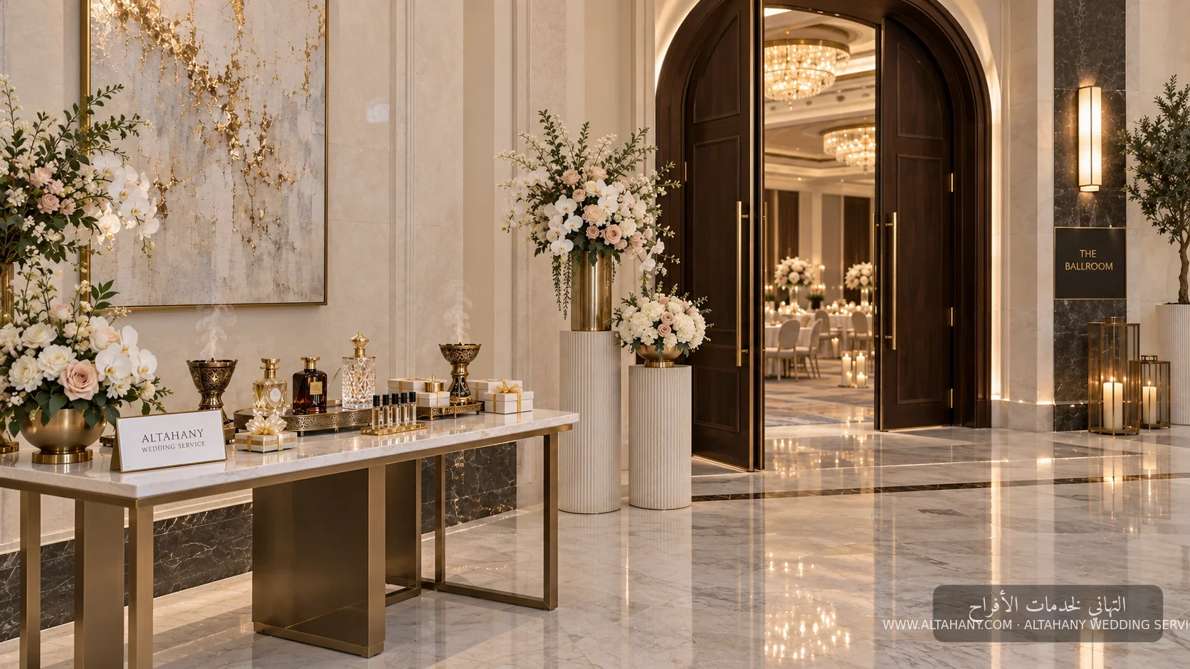 طاولة عطور عند مدخل بقوس داكن بلمسة رخامية