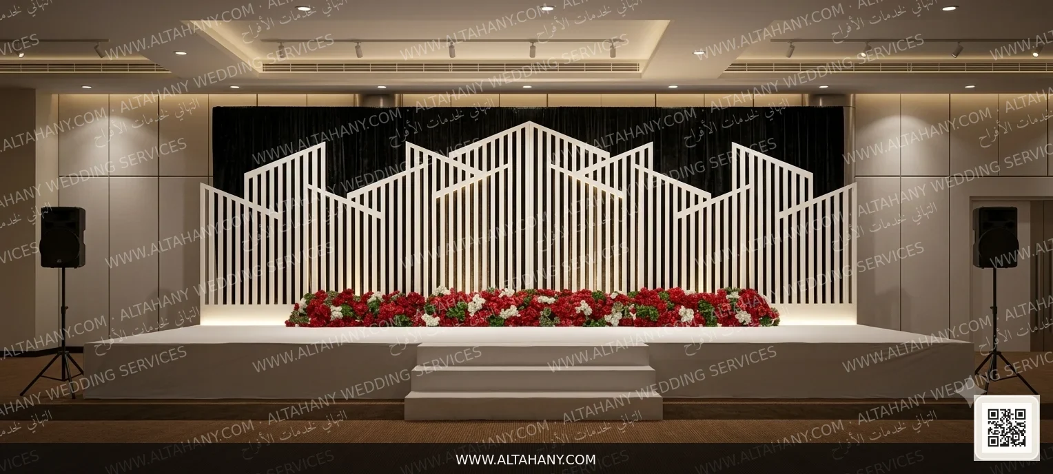 Geometric Modernism: Contemporary Structured Wedding Stage with Regal Contrast.