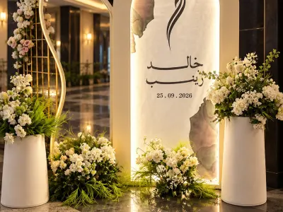 لافتة ترحيب مضيئة عند مدخل كوشة الزفاف