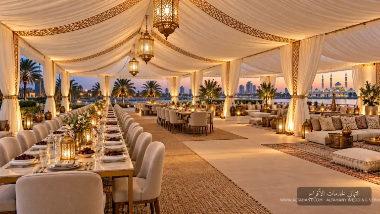 Concept of a Ramadan iftar tent with long tables, Arabic floor seating and warm lantern light
